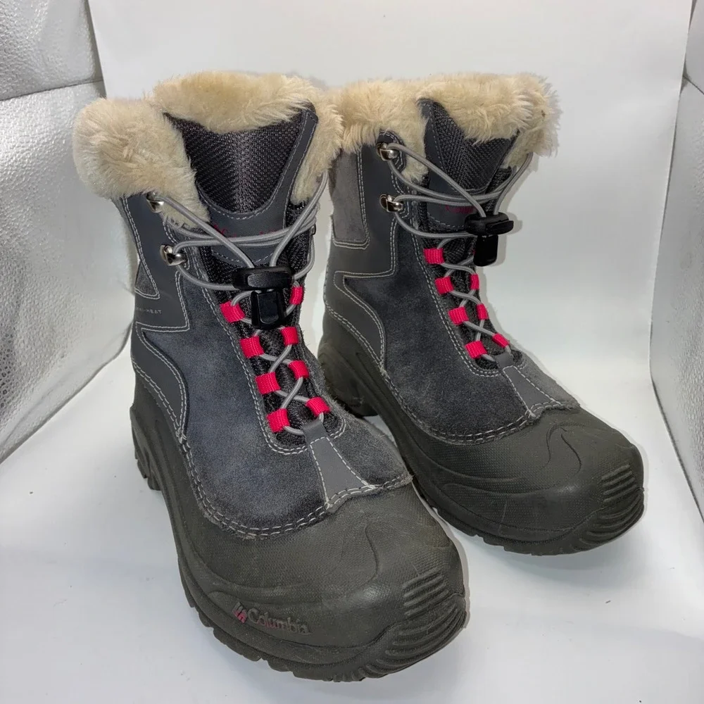 Columbia Omni-Heat Winter Boots Grey Pink Faux Fur Suede‎ Snow Boots Womens
